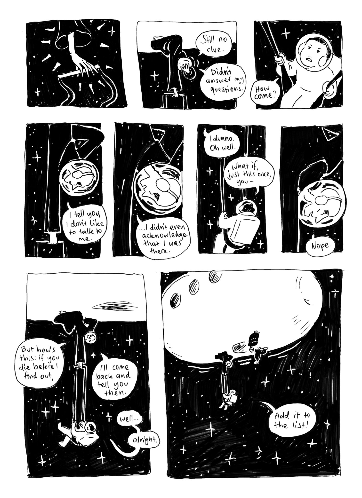 probably this story will end with none of these hanging threads being addressed and then Emily's on her deathbed and Dee shows up, rattles off a long list of quick explanations for random stuff she wanted to know about at some point, then she dies. The end! Nothing could be more satisfactory I'm sure