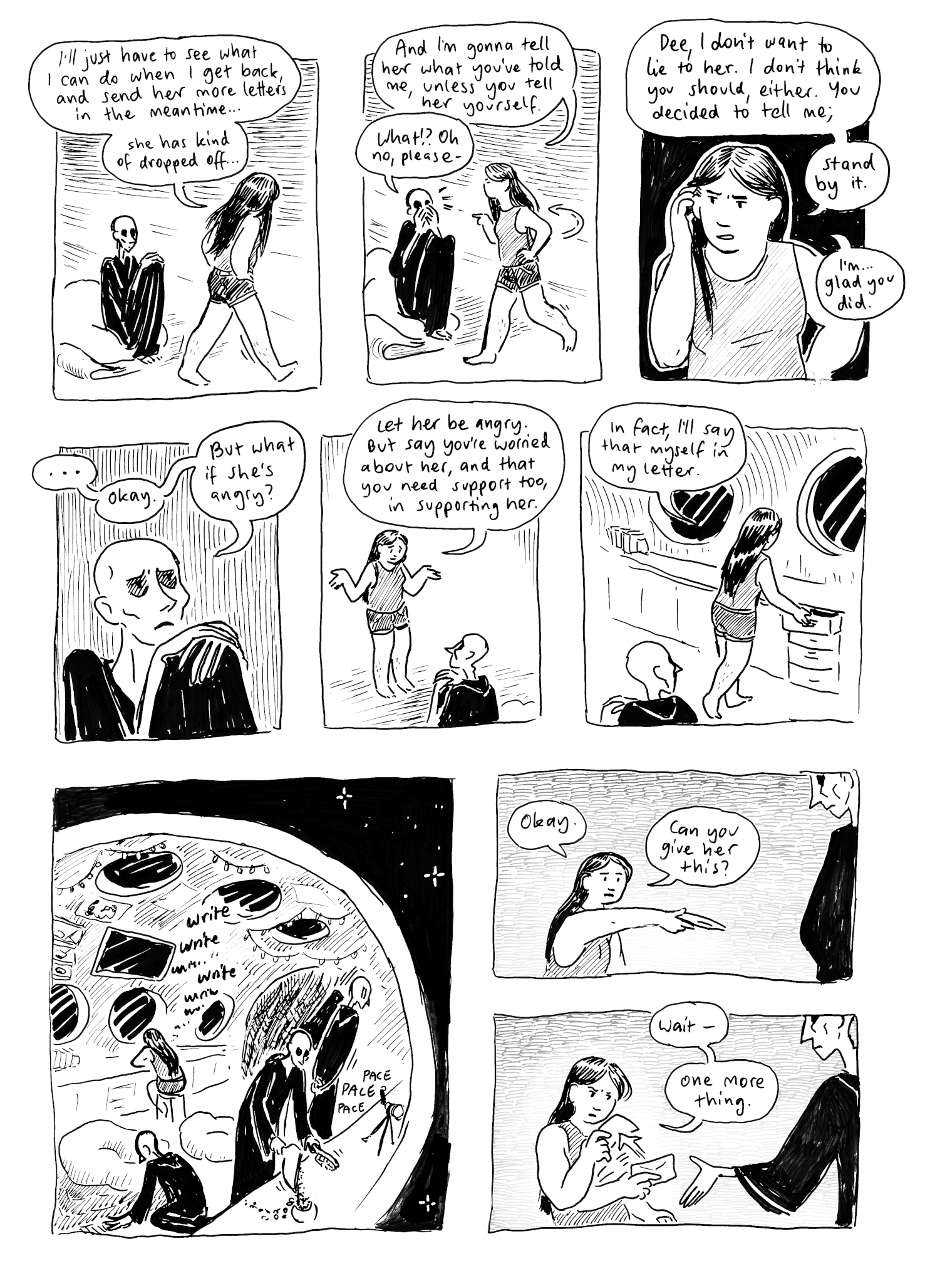 The funny thing about panel 7 is most of the time when I draw Dee multiple times in a panel they are all simultaneous. If I draw Emily multiple times in a panel it's to show movement or time passing because she cannot time travel. Difficult to specifically convey an instance where a time traveller is just passing time and not actually doubling up!!! Hopefully it's clear here, but at least if it's not it doesn't matter much.